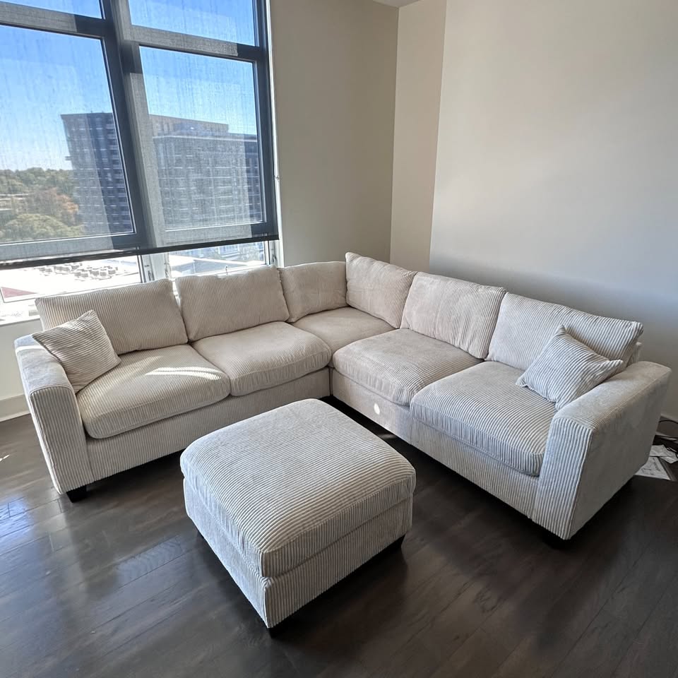 Beige Corduroy Sectional with Ottoman