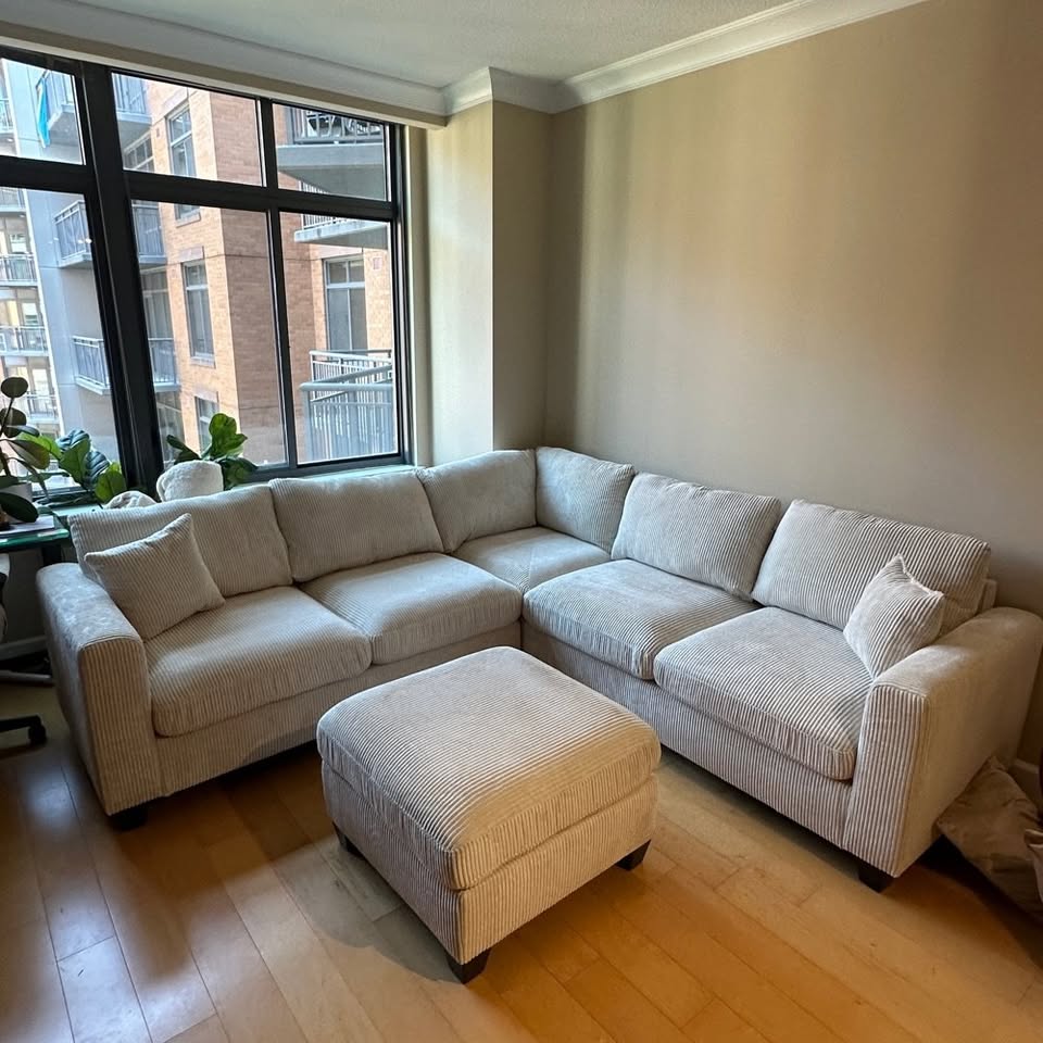Beige Corduroy Sectional with Ottoman