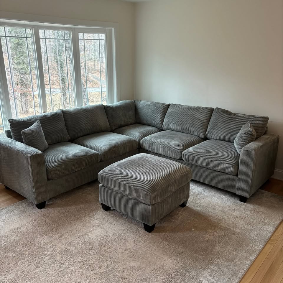Grey Corduroy Sectional with Ottoman