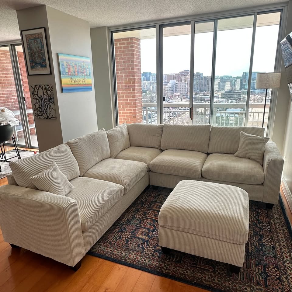 Beige Corduroy Sectional with Ottoman