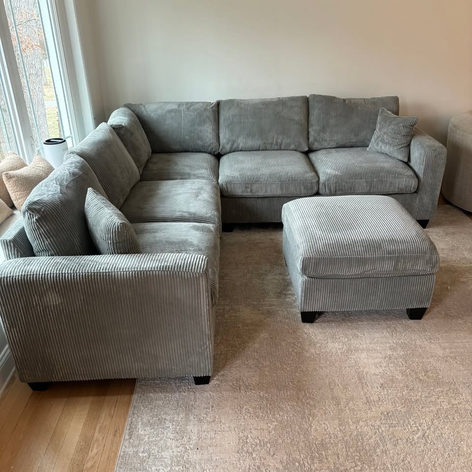 Grey Corduroy Sectional with Ottoman