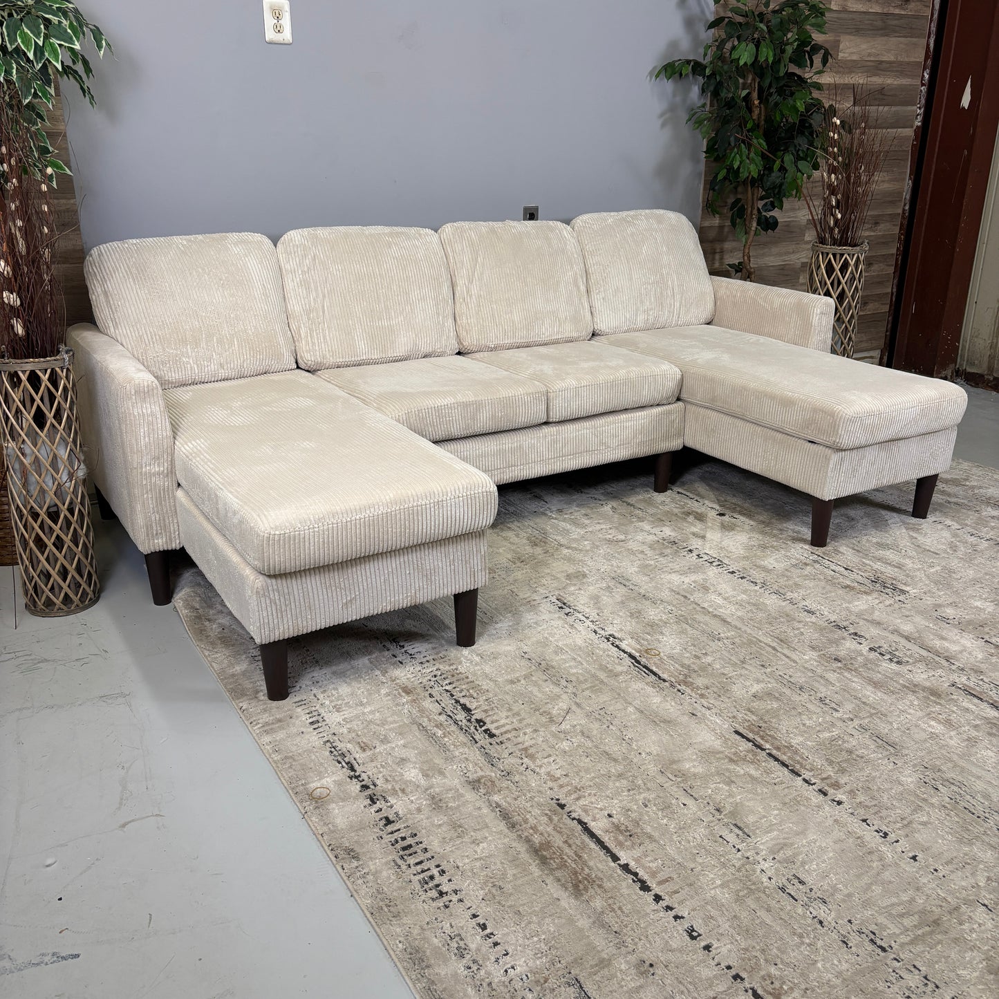 Double Chaise Beige Corduroy Sectional