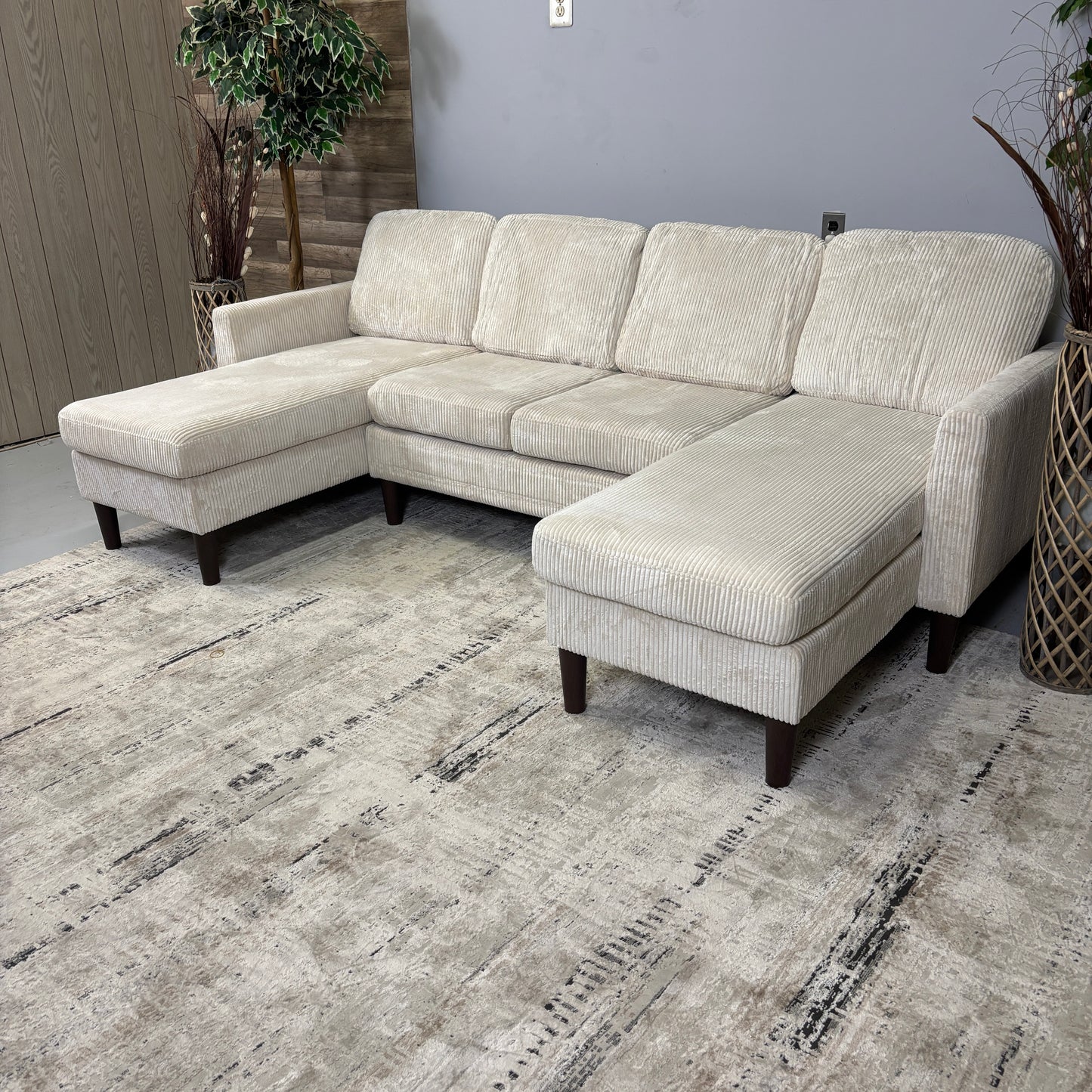 Double Chaise Beige Corduroy Sectional