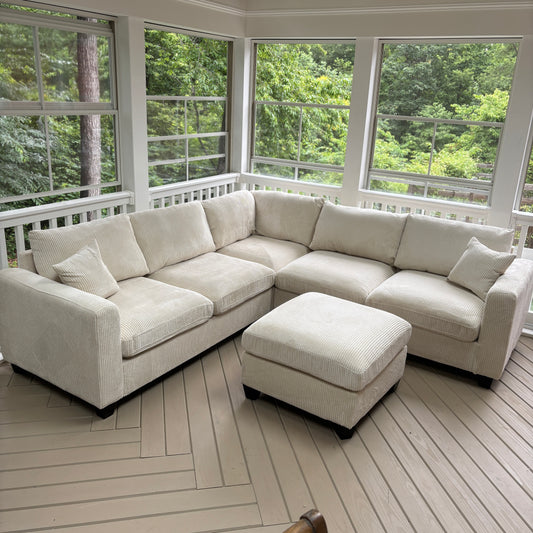 Beige Corduroy Sectional with Ottoman